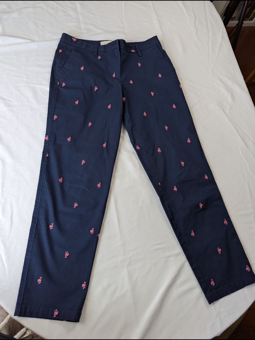 Talbots Navy Straight-Leg Pants with Pink Embroidered Flamingos